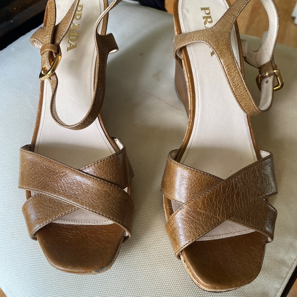 Prada Brown Ankle Strap Cork Heels Sandals Size 38.5